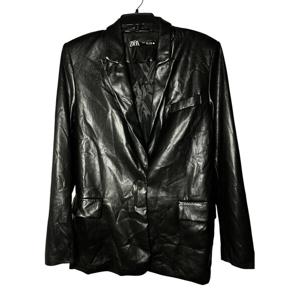 ZARA Faux Leather Blazer Jacket Black One Button Women’s Size S - Picture 1 of 7
